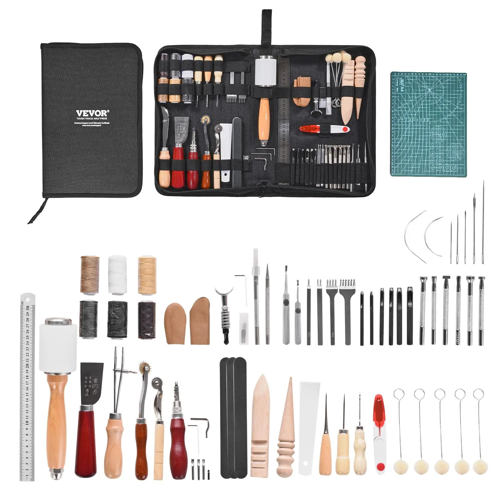 【Summerfinds】VEVOR Leather Working Tools Kit, 59 PCS Leather Craft Tools with Portable Canvas Storage Bag, Engraving Punching Sewing Stamping Sanding Tools, Ideal for Beginners DIY Enthusiasts and Professionals