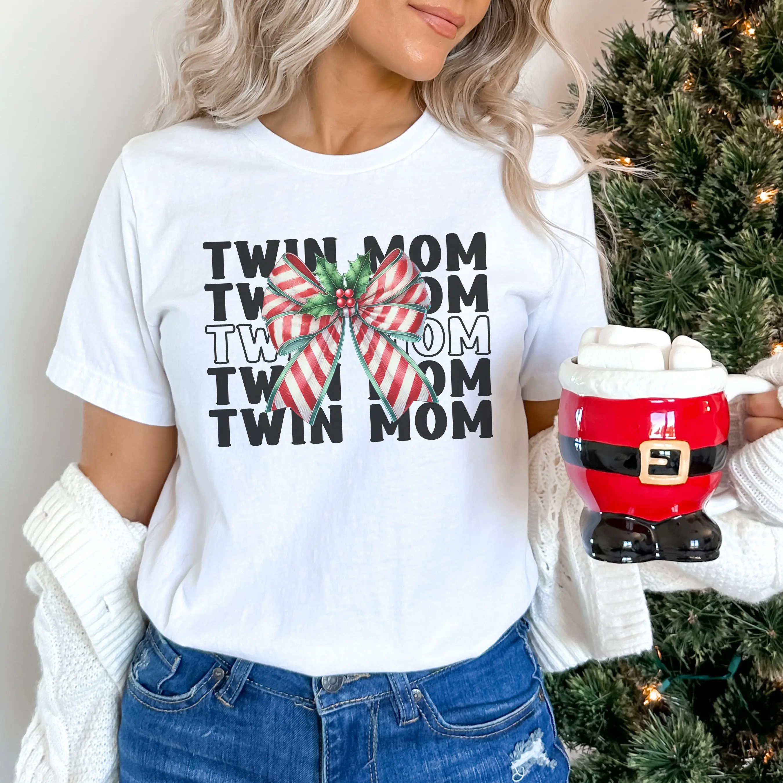 Twin Mom Christmas Coquette Shirt, Twin Mama Xmas Bow Tshirt, Aesthetic Coquette Mom Tee, Top for Twin Mom, Lightweight Womenswear