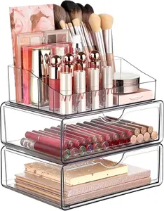 3 Tier Clear Makeup Organizer with Drawer, Cosmetic Storage Holder for Skincare, Lipstick & Bathroom Vanity