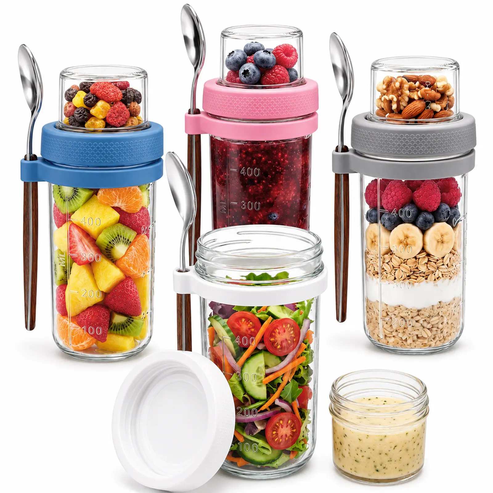 20 oz (16+4)Overnight Oats Containers with Lids and Spoon, 4-Pack Leakproof Glass Yogurt Cups with Lids for School & Office, Anti-Slip Mason Jars for Chia Pudding, Fruit, Salad, Granola