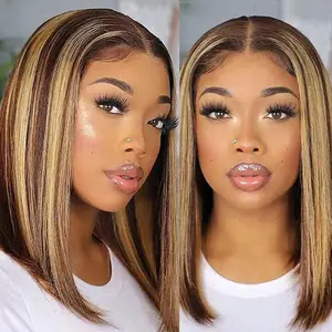 GK Highlight 4/27 Bob Wig Human Hair 13x4 HD Transparent Lace Front Wigs Human Hair 200% Density Short Bob Glueless Straight Wigs Human Hair for Women