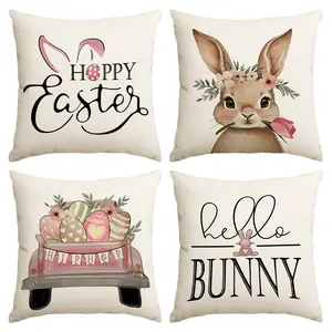 4pcs Easter Happy Pillow Cover, Cute Rabbit Flower Truck Egg Design Single sided Printed Cushion Cover, 18 * 18 inches, Zippered Closure, Farmhouse Festival Party Decoration, Suitable for Room Living Room Home Sofa Decoration (No Pillow Core)