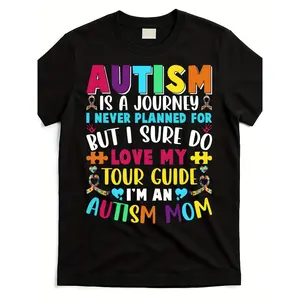 Autism Awareness T-Shirt - "Autism is a Journey" Puzzle Piece & Heart Design, Unisex Adult Short Sleeve 220gsm Heavyweight Tee, with Multicolor Support Graphics, Round Neck Casual Advocacy Apparel for Men & Women, Supportive Gift for Autism Moms & D