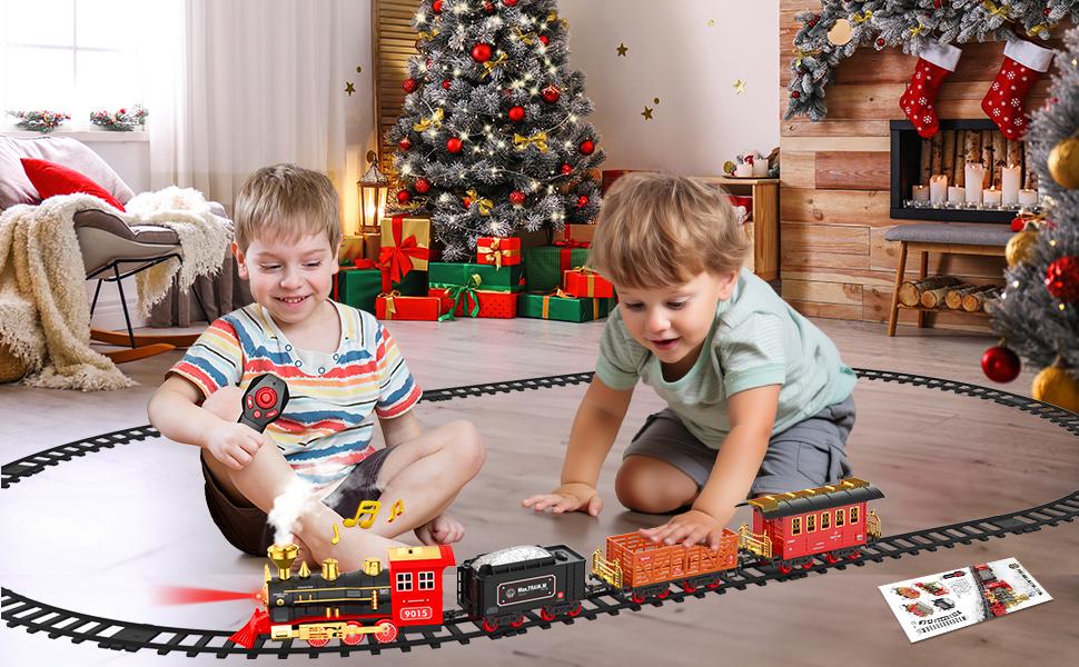 Rc Steam Locomotive Christmas Train, Remote Control Train Toys，Christmas Gift for Kids Boys Girls with Smokes, Lights and Sound