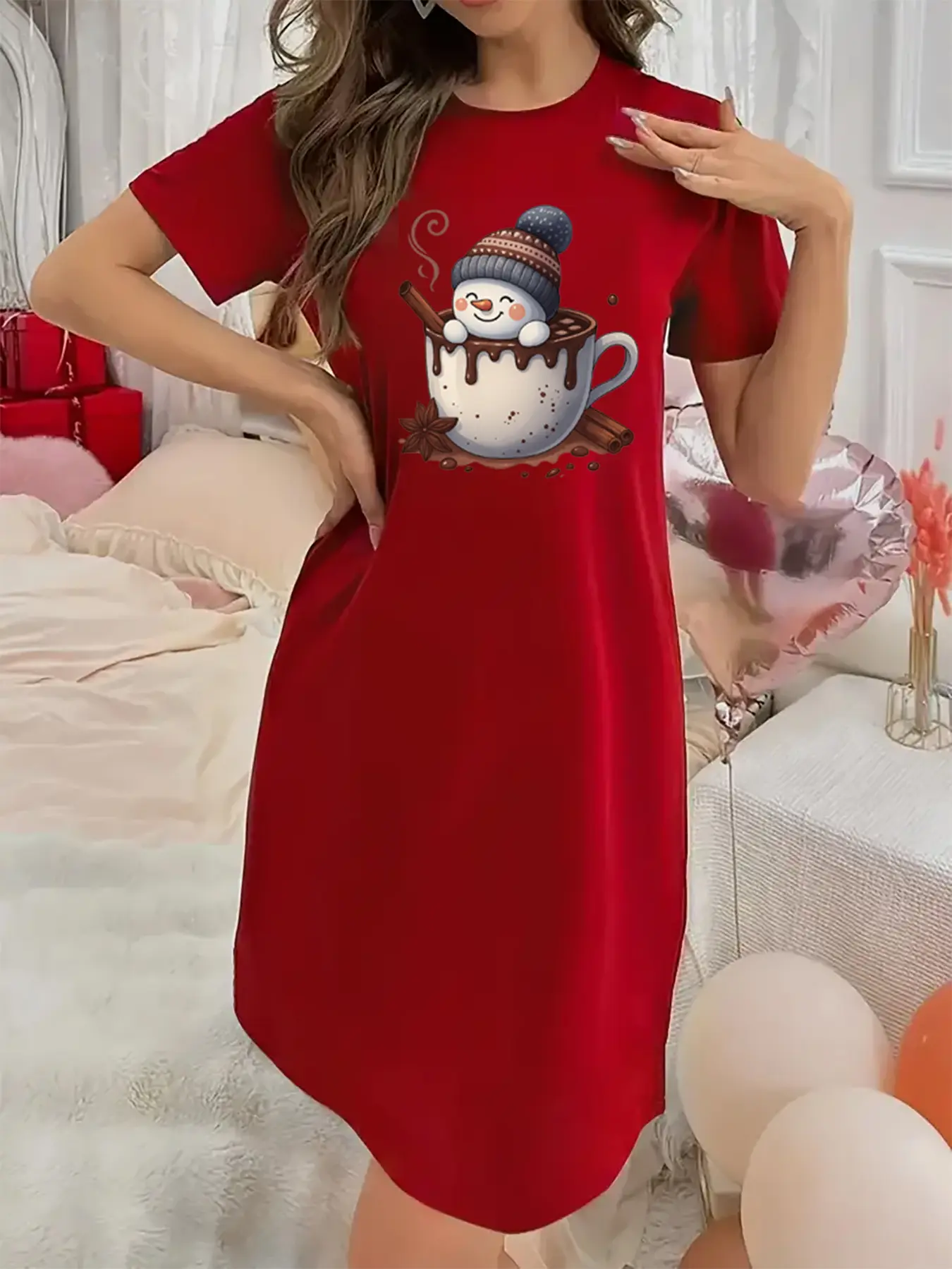 Soft and Slightly Stretchy Women's Underwear Snowman Sipping Hot Cocoa Pattern Short Sleeve Crew Neck Nightgown, Sexy Elegant Youthful Women's Christmas Dress, Perfect for Halloween, Christmas, and Thanksgiving Gifts