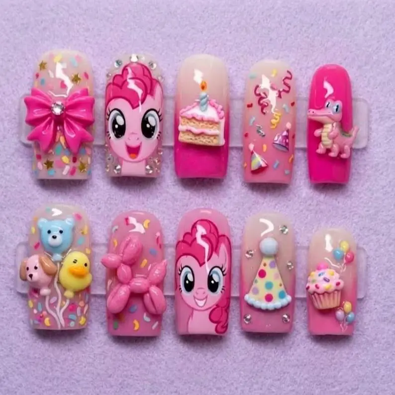 Pink Birthday Party Press On Nails, 3D Cake Bow Balloon Animal Nails, Cute Kawaii Celebration Fake Nails, Girly Party Nail Art