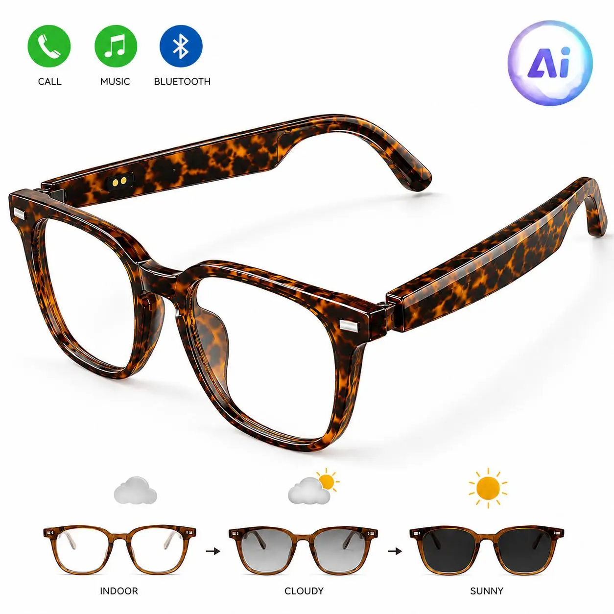 VUB Stylish Smart Glasses - Unisex Adult & Man Wearable Digital Device with Exclusive Tortoiseshell Frame, Adaptive Photochromic Lenses, Bluetooth Music & Calls, Blue Light Protection, Enhanced Communication Capabilities