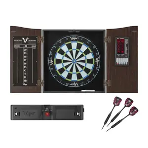 Viper Vault Deluxe Dartboard Cabinet with Built-In Pro Score, Chroma Sisal Dartboard, Laser Throw Line, and Black Mariah Darts Classic Walnut Finish