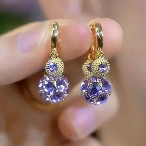 Women's Gold-Plated Huggie Hoop Earrings - Sparkling Zircon Ball Drop Earrings with 3-Color Crystals