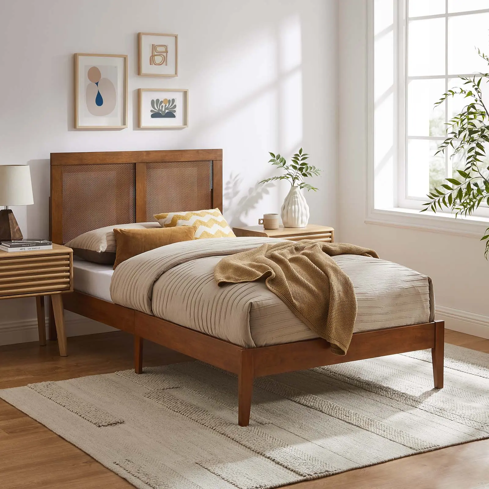Modway Sirocco Rattan and Wood Twin Platform Bed in Walnut