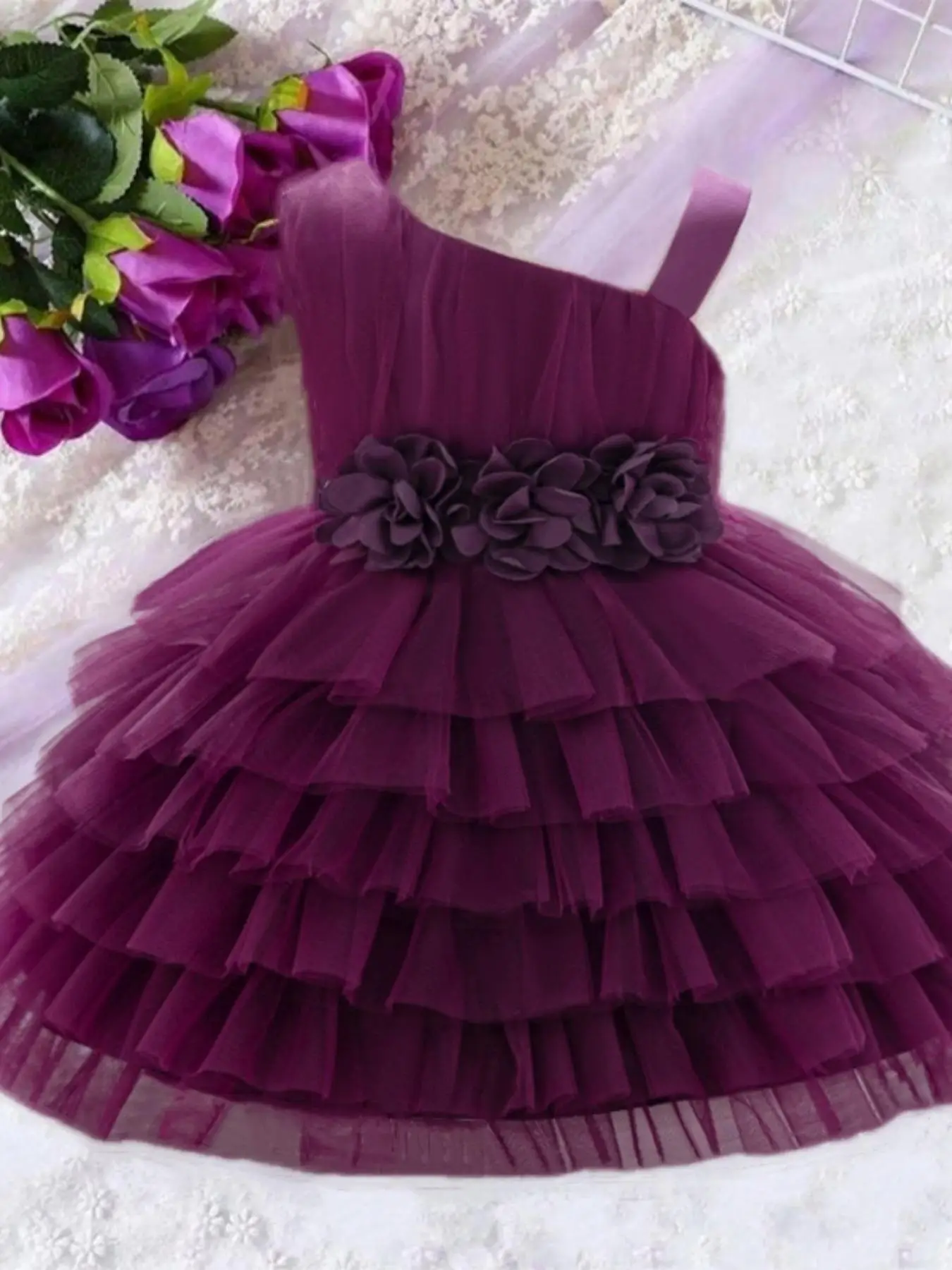 Girl's Plain Floral Appliques Tiered Layer Mesh Dress, Elegant Asymmetrical Neck Sleeveless Fit & Flare Dress for Party Wedding Guest, Kids Clothes fo