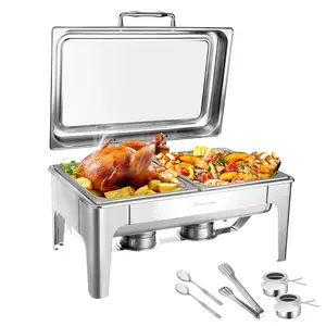 9.5QT Chafing Dish Buffet Set, Rectangular Chafing Dishes for Buffet with Glass Lid, Serving Utensils, Stainless Steel Chafers for Catering for Parties, Events, Wedding (1/2 Size)