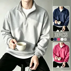 Men's 3-Pack Quarter-Zip Sweatshirts, Plain Minimalist Loose-Fit Solid Pullovers, Soft Long-Sleeve Casual Tops, Polyester Men's Clothing (White + Dark Gray + Rose Red), Ideal for Gym & Daily Wear