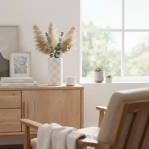 8.5" H Beige Checker Ceramic Vase 4.875*4.875*8.5 Modern Floral Centerpiece for Home Decor & Tabletop Contemporary Checker Pattern Home Decor Accessory