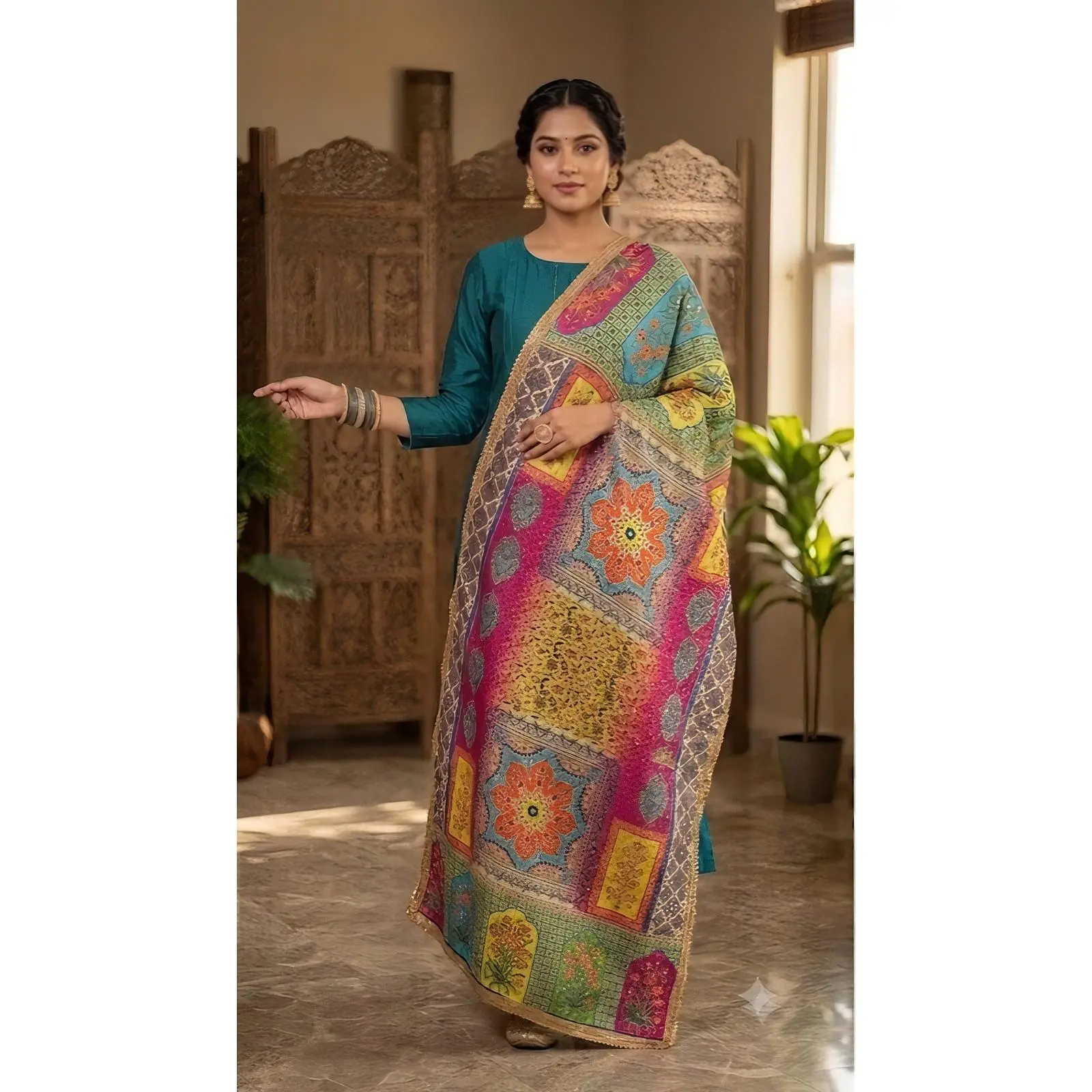 Women's Decorative Printed Dupatta Scarf with Diamond Pattern and Gold Kiran Lace Trim Traditional Style Long Shawl for Cultural Events Celebrations Family Gatherings and Everyday