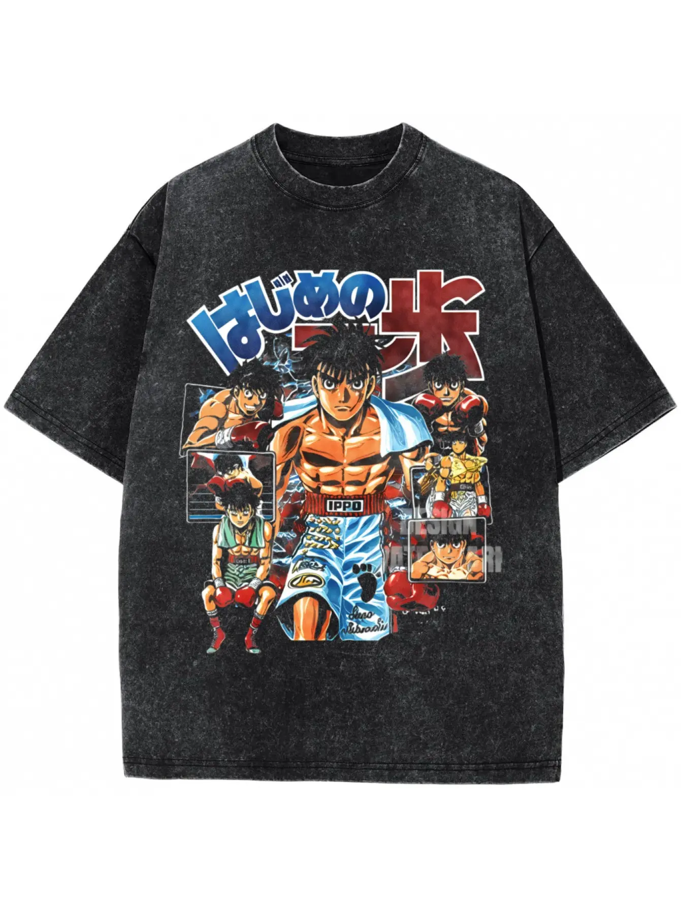 Anime First Fist T-Shirt, Street Fashion Retro Washed Fighting Spirit Tee, Oversized Short Sleeve Vintage Comic Top for Men, Ding Ge Special，Hajime No Ippo Ippo Makunouchi Boxing T-shirt,Multi-scene Ippo fight montage vintage washed otaku collector tee Ca