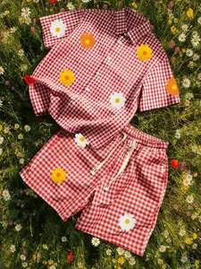 Unisex design, casual street style, summer checkered short-sleeved collar shirt + adjustable waist shorts set, two-piece outfit. Mini flower embroidery design, loose fit, breathable and comfortable. Perfect for streetwear, #spring, #springfashion