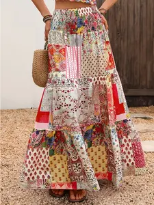 Womens Boho Patchwork Maxi Skirt Mid Waisted Floral Print Ruffle Tiered Skirt Flowy Vacation Beach Skirt Festival Outfit Cottagecore Bohemian Style