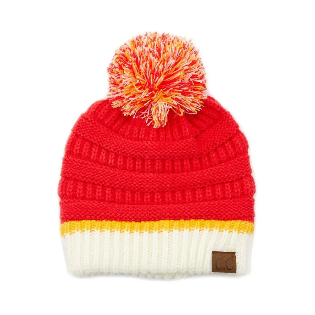 KC Chiefs Football C.C Team Color Ribbed Beanie with Pom Winter Hat Kansas City