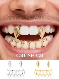 CRUSH CR 14K Gold Plated Vampire Fang Grillz Set for Men Women, Single Fang Caps 6-Teeth Open Face Bottom Grillz, Hypoallergenic Removable, Perfect for Hip Hop Concerts, Halloween Parties, Club Nights Urban Street Style