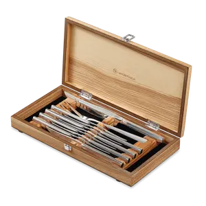 10-Piece Stainless Mignon Steak & Carving Set in Elegant Olivewood Chest - 8 Serrated Knives, Carving Knife, and Fork for Flawless Meal Presentation