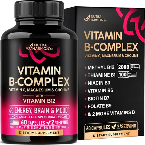 NUTRA HARMONY Vitamin B Complex Capsules for Men & Women - 11-in-1 B-Complex: B1, B2, B3, B5, B6, B7, B8, B9, B12 with Vitamin C, Choline, Inositol - Made in USA - Vegan, Non-GMO