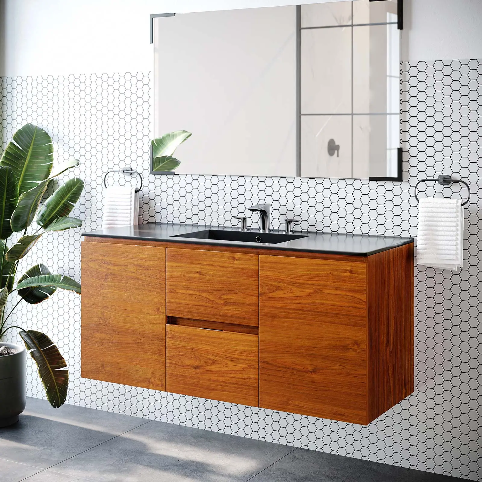 Modway Scenic 48" Wall-Mount Bathroom Vanity - Cherry Black Finish, Modern Clean Lines Design, Adjustable Functional Structure, Ample Storage Space