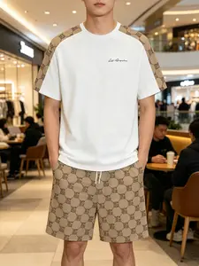 Men's Luxury Floral Patchwork Set, Letter Print Short Sleeve Tee + Shorts Two-Piece Set, Casual Loose-Fitting