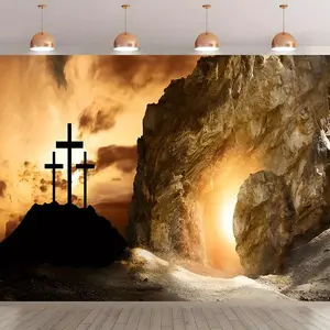 1PC,2D Flat Easter Theme Door Banner Decoration, Christian Jesus Cross and Empty Tomb Scene Door Curtain, Religious Festival Wall Hanging, Home Church Party Decoration Ornament