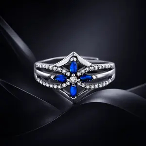 Blue Sapphire Floral Statement Ring | 925 Silver CZ Accent Adjustable Ring for Women Casual Outings Elegant Design