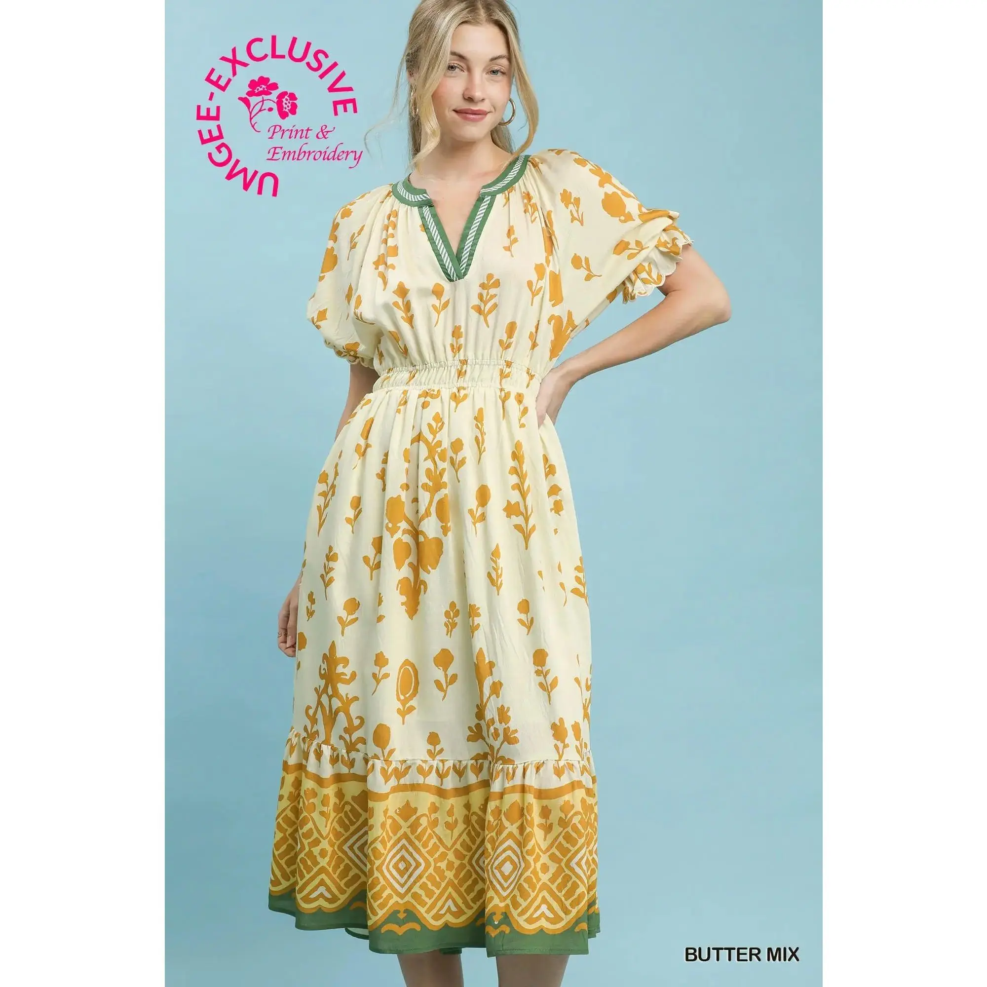 Umgee  Print Smocked Waist Midi Dress - Butter Mix