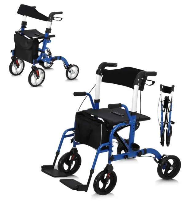 2-in-1 Mobility Rollator Walker for Seniors – Folding Transport Chair with Seat, Backrest , Adjustable Handle Height, 12" All-Terrain Wheels, Heavy Duty 300LB Support