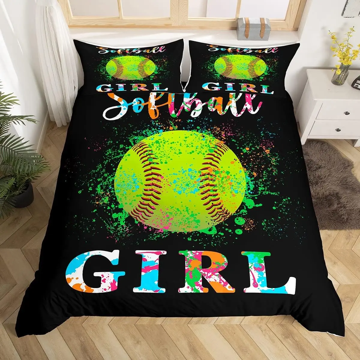 Feelyou Softball Themed Decorative Duvet Cover - Colorful Tie-Dye Bed Cover for Teens, Twin/Full Ball Game Bedroom Decor (No Comforter Included), Bed Covers