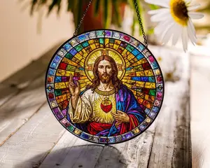 Jesus Christ Stained Glass Suncatcher, Sacred Heart Of Jesus Glass Art, Christian Gift, Window Hanging Regilious Nativity Christmas Ornament, Ver.2.0