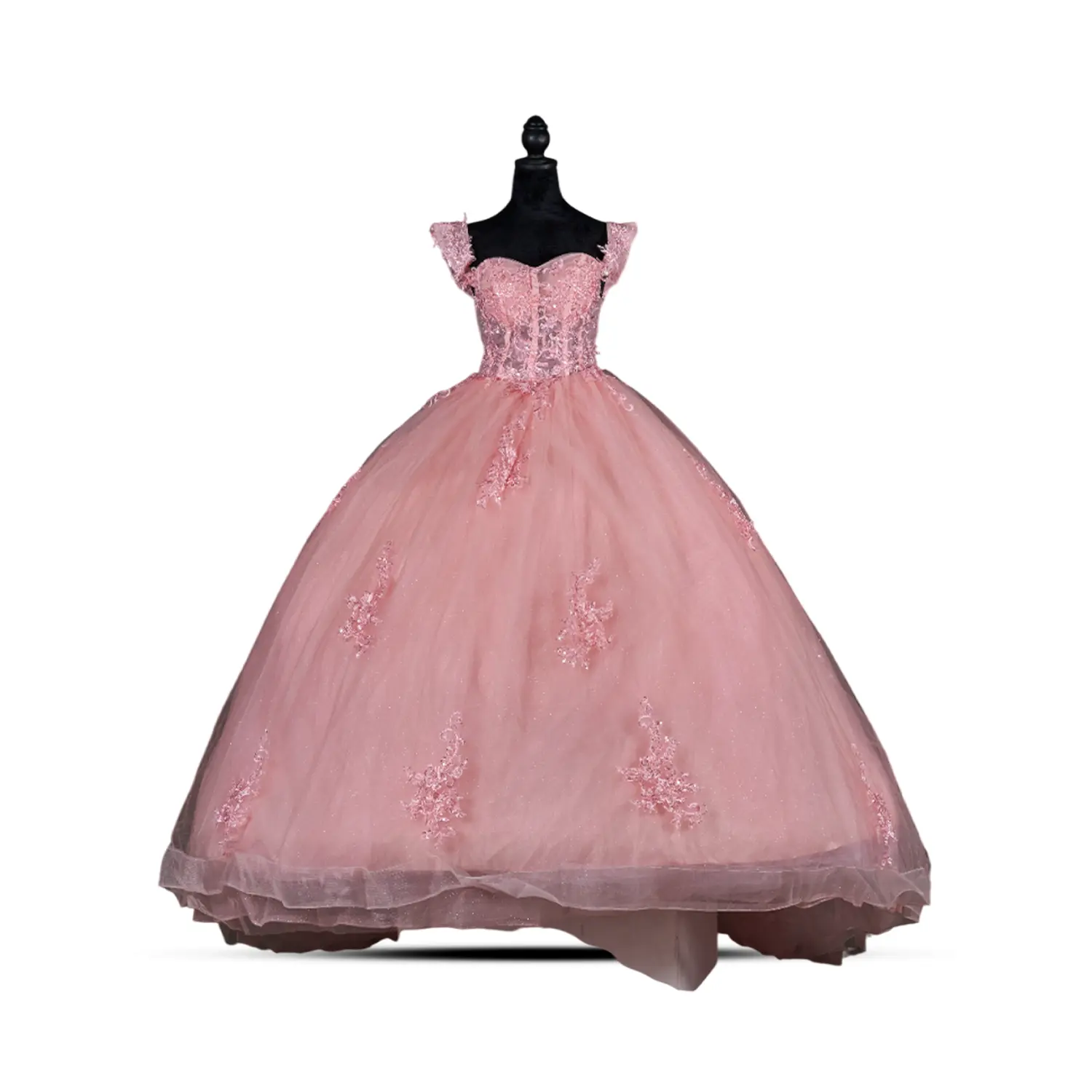 Princess Baby Pink – Off-Shoulder Sweetheart Ball Gown with Lace Appliqués and 3D Floral Details