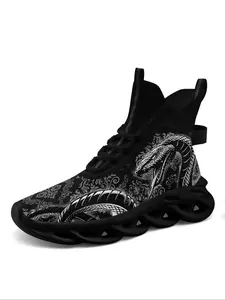 Men's Fashionable Random Snake Print Lace Up High Top Sneakers, Casual Comfortable Breathable Sports Running Shoes, Male All-match Round Toe Shoes for Daily Wear, Closed