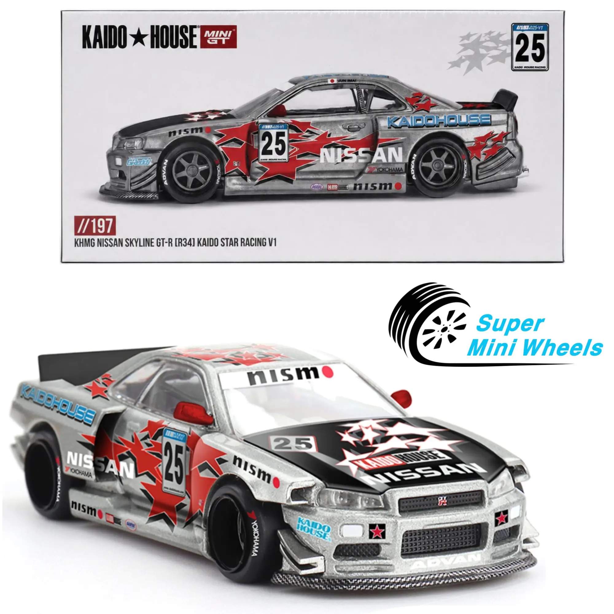 Kaido House x Mini GT 1:64 Nissan Skyline GT-R (R34) Kaido Star Racing V1- Silver KHMG197