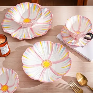Hand-Painted Floral Dish Bowl Set, High-Value Anti-Hot Ceramic Tableware, Couple's Home Use, New Design, Perfect Gift