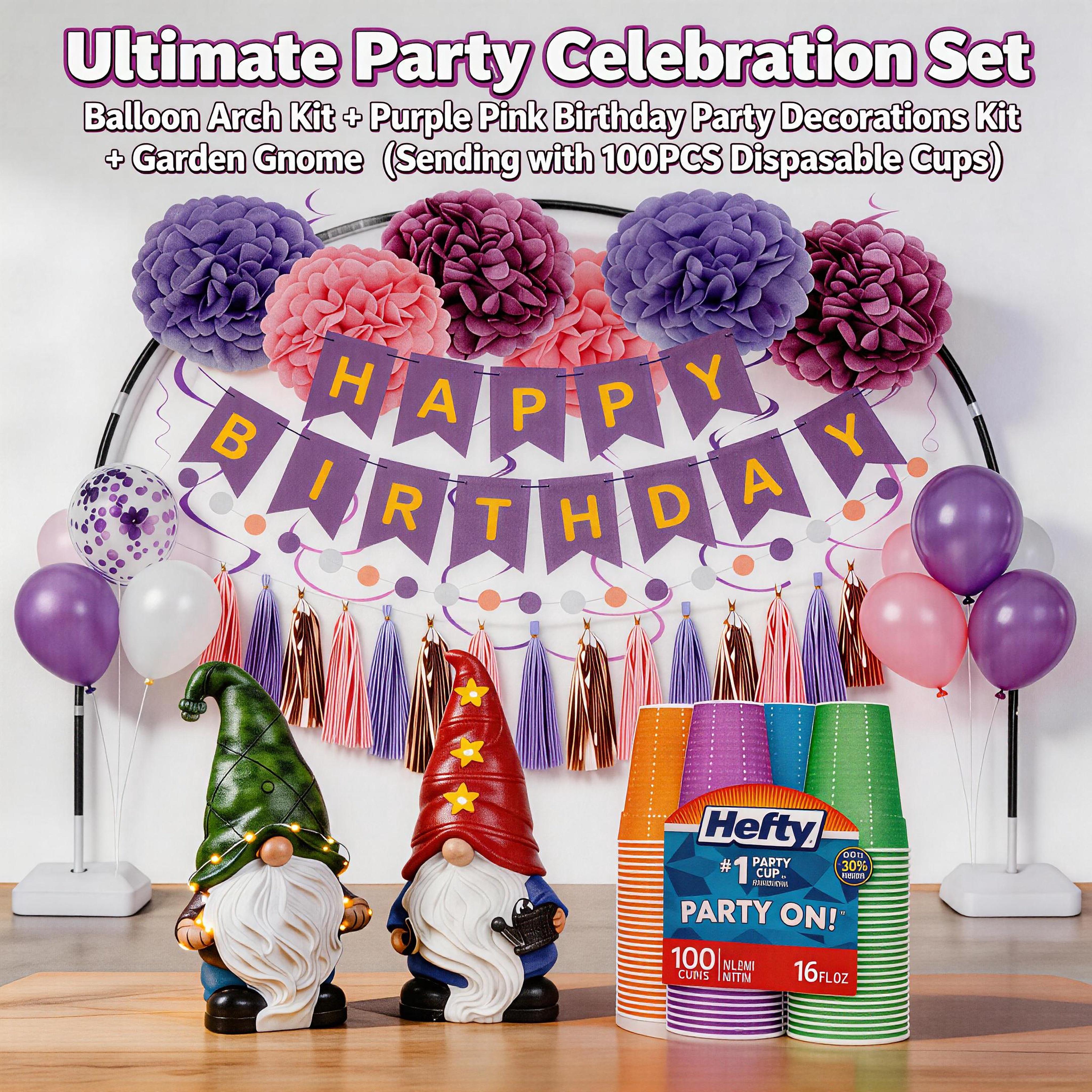 Ultimate Party Celebration Set: Gnomes & Balloon Arch Kit & Purple Pink Birthday Party Decorations Kit ( Sending with 100PCS Disposable Cups )  Hanging Light Hangable