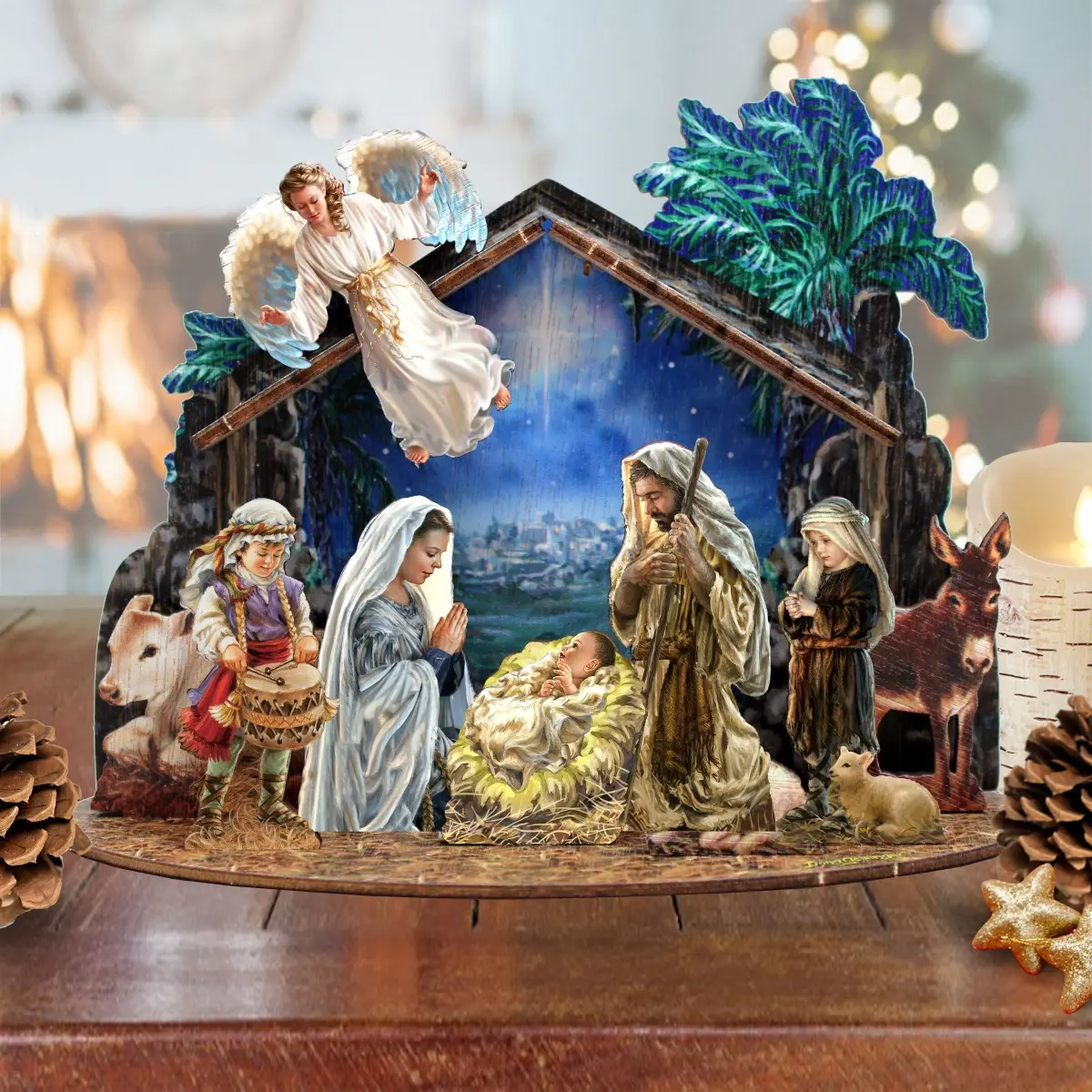 Designocracy 852760-10 8.5 in. Nativity with Angel Decoration Set, Ornate Religious-Themed Miniature, Angel Miniature, Sculptural Centerpiece for Holiday Village Home Decor