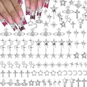 130 Pcs 3D Silver Star Cross Alloy Nail Charms, 21 Styles Y2K Metal Star Moon Cross Moon Planet Silver Nail Charms and Gems for Nails Art Design DIY Accessories