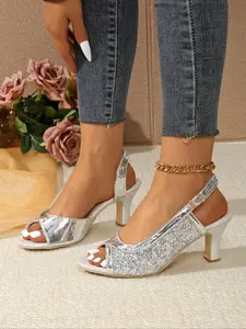 Women's Fashionable Glitter High Heel Sandals, Elegant Heeled Sandals for Party, Banquet, Daily Clothing Decor, Footwear, PU Leather Sandals
