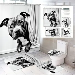1/4pcs Black & White Pit Bull Dog Bathroom Set - Shower Curtain with Bath Mat, Toilet Lid & Seat Covers, Peeking Dog in Multiple Poses, White Tiled Bathroom Decor, Perfect for Pet Lovers, Ideal Gift for Christmas, Halloween, Thanksgiving