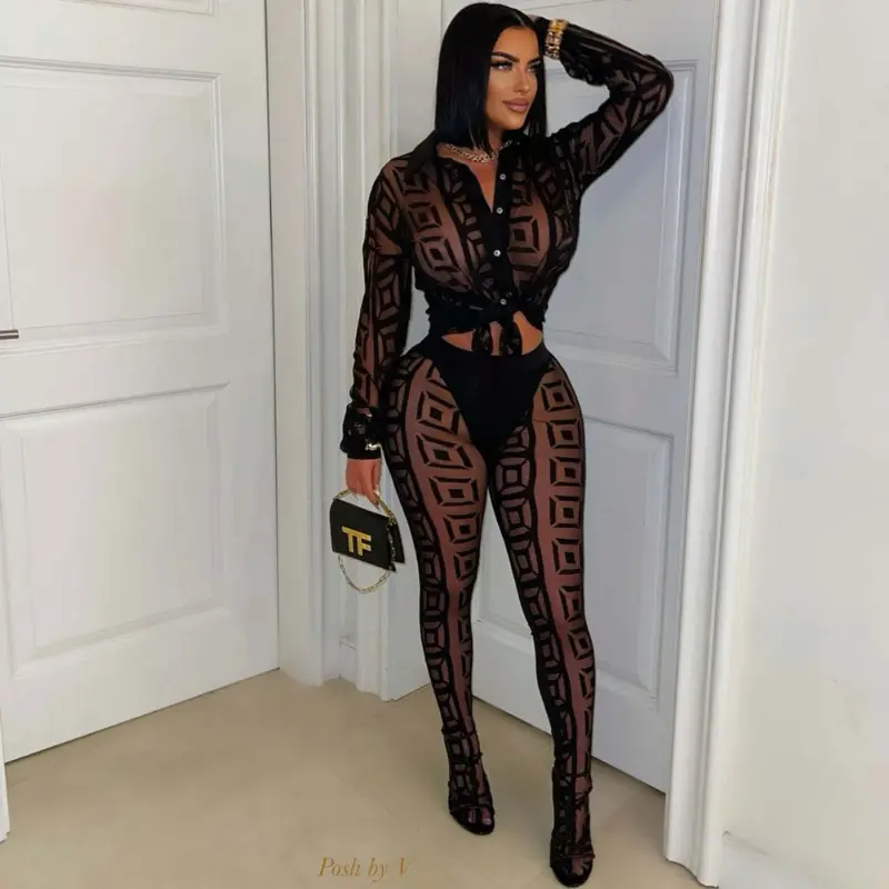 Posh by V Summer Spring Fashion Women's 2-Piece Outfit Set - Long Sleeve Crop Top & Pants - Check Light Geometric Pattern - Chic Casual Wear 2025 Clothes Womenswear Suits Gamis Trouser