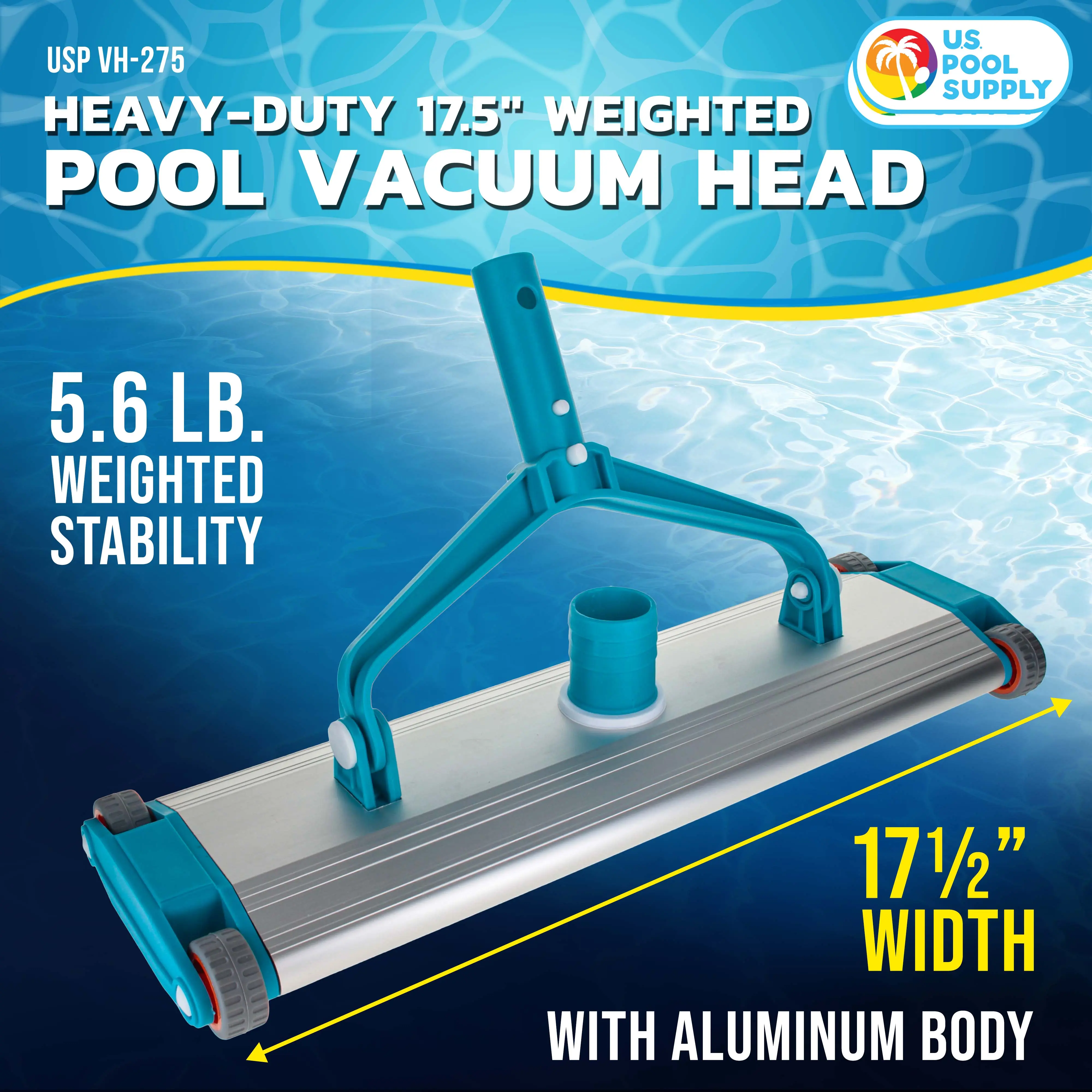 Heavy-Duty 17.5" Weighted Pool Vacuum Head with Aluminum Body - 5.6 lb Manual Inground Vacuum Head, Scrub Bristles, 1-1/2" Swivel Hose Connection