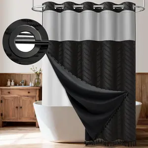 Dynamene Black Hook Free Shower Curtain & Snap in Fabric Liner with Magnets, Boho Chevron Tassel Shower Curtains for Bathroom, Mesh Window, Less Time 3 in 1 Shower Curtain and Liner Set