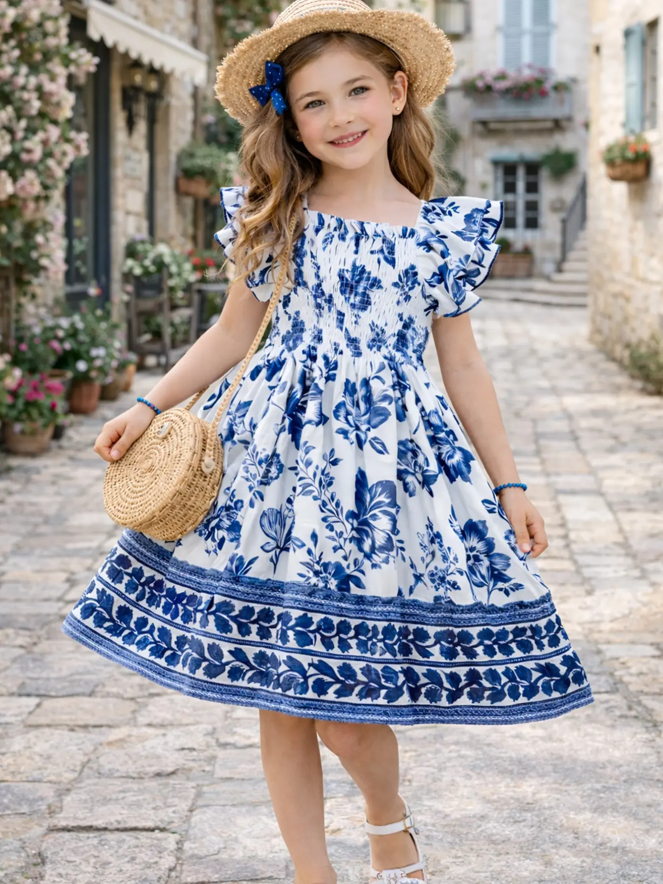 Girls Floral Pattern Dress Blue Print Country Style, Ruffle Sleeve Knee Length Fitted Dress for Ages 4-8, Perfect for Summer Vacations Floral Printed Dress - TikTok Shop Girls Floral Pattern Dress Blue Print Country Style, Ruffle Sleeve Knee Length Fitted Dress for Ages 4-8, Perfect for Summer Vacations Floral Printed Dress - TikTok Shop