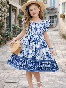 Girls Floral Pattern Dress Blue Print Country Style, Ruffle Sleeve Knee Length Fitted Dress for Ages 4-8, Perfect for Summer Vacations Floral Printed Dress