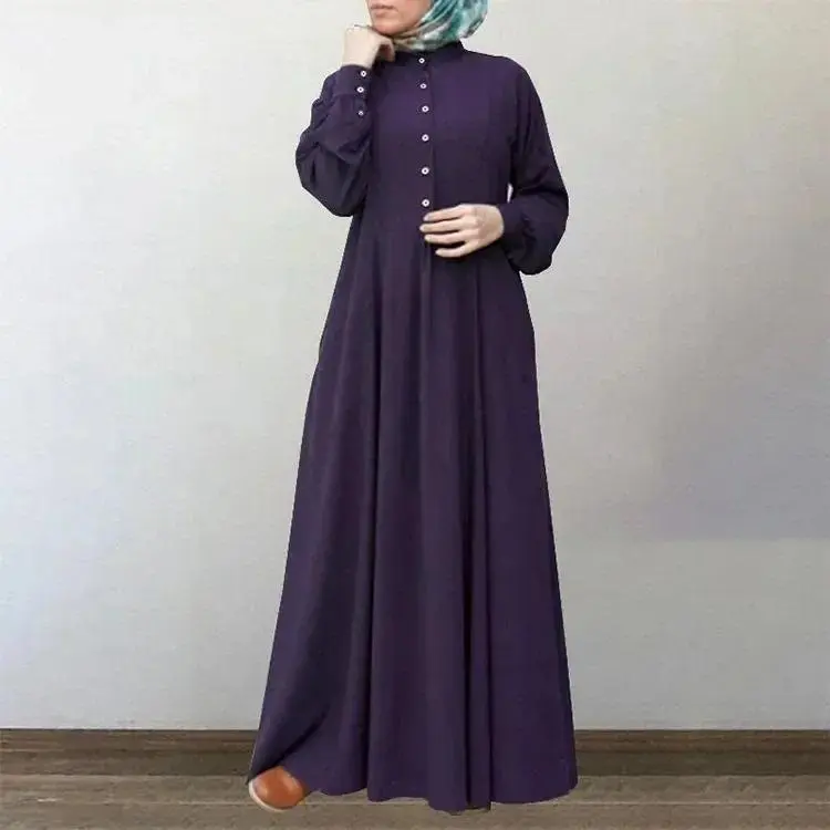 Women's Retro Cotton Kaftan Dress, Solid Color O-Neck Pullover Abaya for Casual Modest Wear, Pullovers, Retro Look, Floral, All Seasons, Islamic Dress, Loose-Fitting, Straight