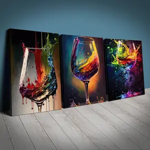 Vibrant Wine Glass Canvas Art Prints Set, Abstract Kitchen & Dining Wall Decor, Waterproof Fabric, Wooden Frame, Perfect Gift for Wine Lovers